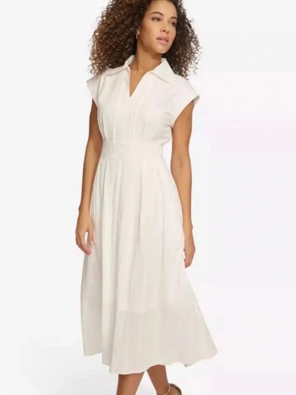 Kensie White Textured Collar Cotton Midi Dress